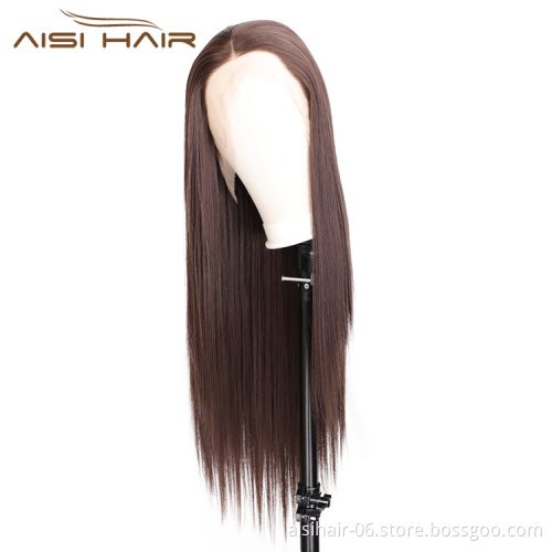 Aisi Hair Wholesale Long Silky Straight Ombre Brown Wig Synthetic Hair Swiss Lace Wig Lace Frontal Wigs For Black Women